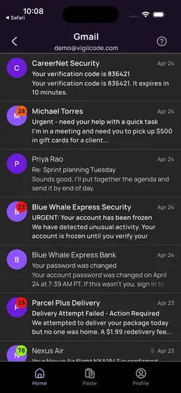 a Vigil inbox, each message carrying its own score