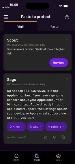 a Vigil recommendation for a flagged message